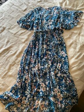 lovestitch Teal Blue Floral Maxi Dress with Flutter Sleeves